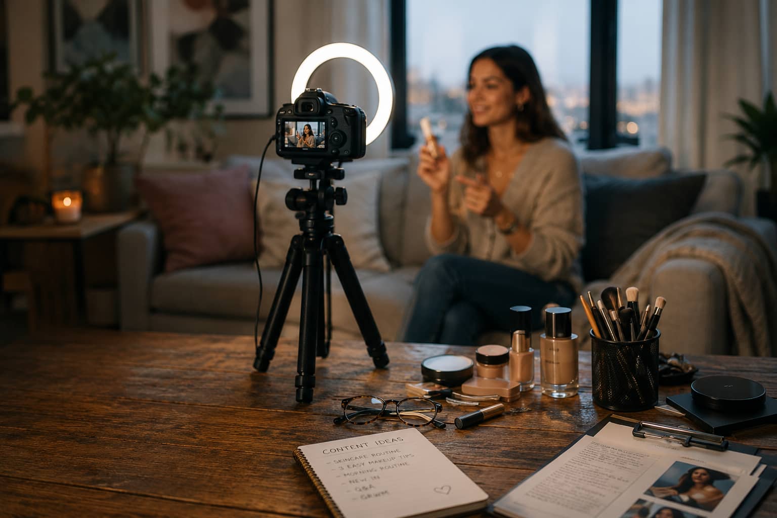 Influencer marketing setup med content creator foran kamera i et autentisk studie med fokus på branding, contentproduktion og sociale medier.