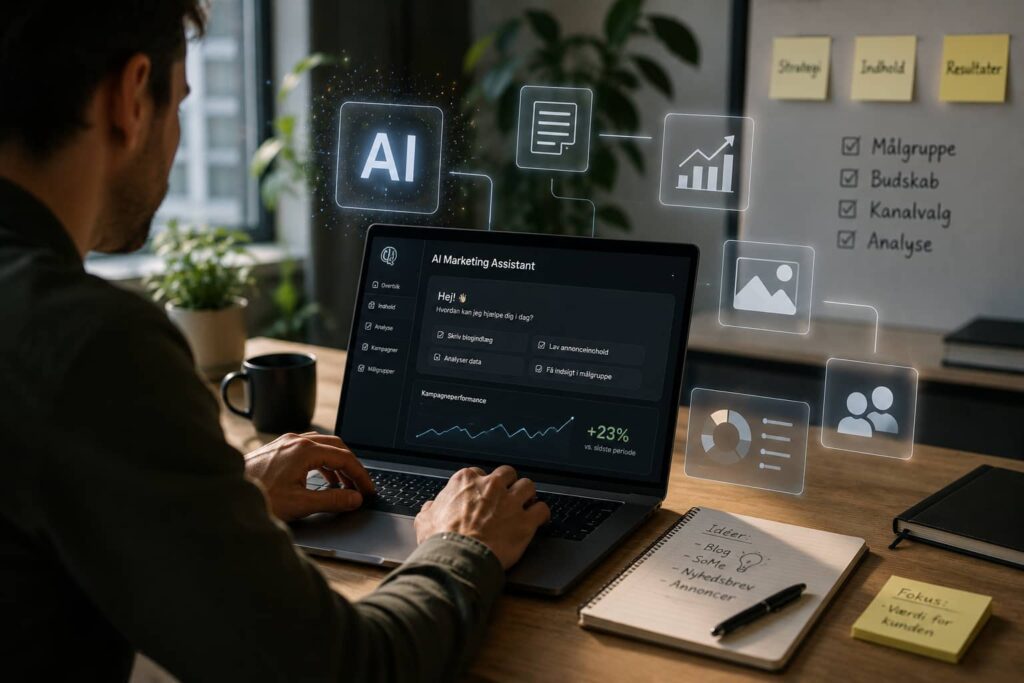 AI-assistent hjælper med analyse, indhold og digital marketing i en moderne og kreativ arbejdsproces.