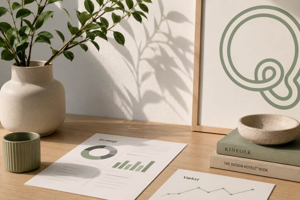 Minimalistisk hero-billede med strategirapporter, grønne vækstgrafer og naturlige elementer i et roligt kontormiljø, der visualiserer digital strategi og online vækst.