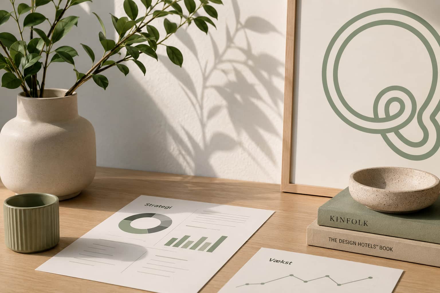 Minimalistisk hero-billede med strategirapporter, grønne vækstgrafer og naturlige elementer i et roligt kontormiljø, der visualiserer digital strategi og online vækst.