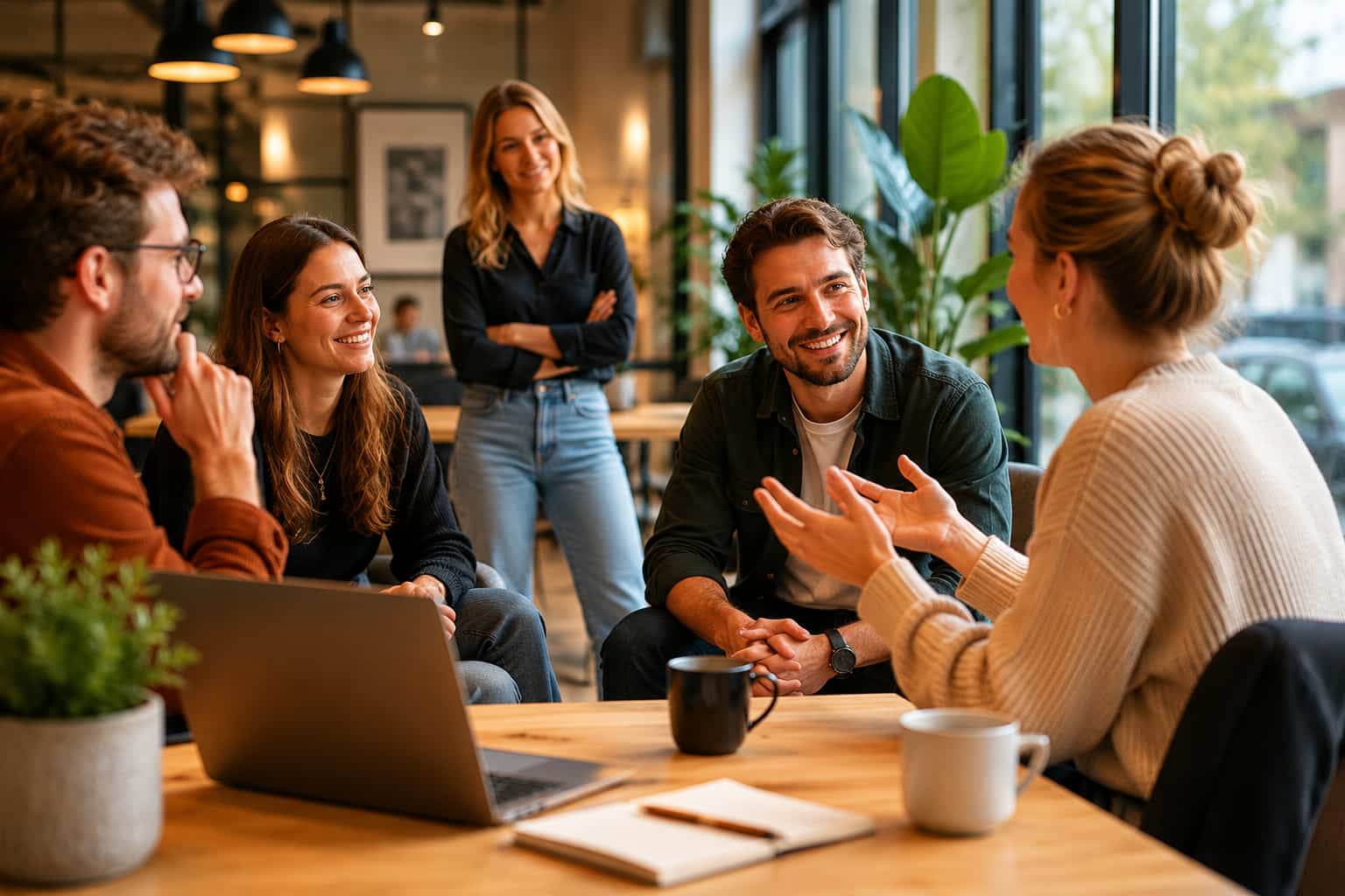 Medarbejdere i dialog på en moderne arbejdsplads, som viser samarbejde, trivsel og et positivt arbejdsmiljø.