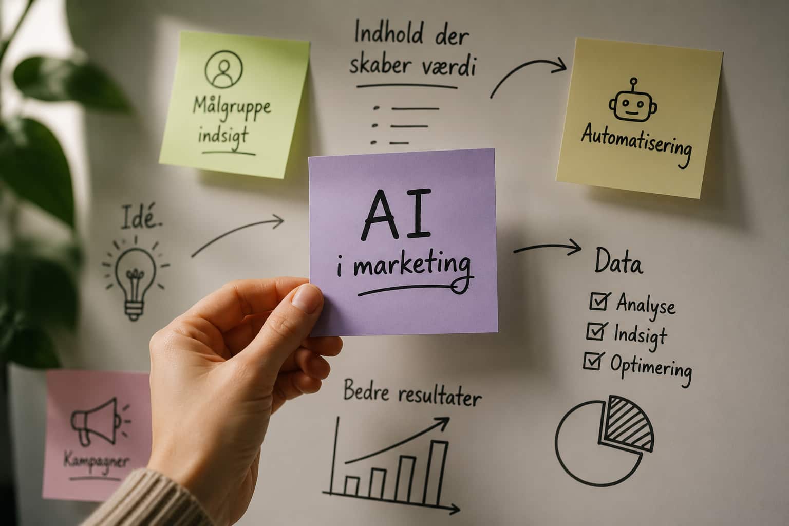 Illustration af AI i marketing med sticky notes, idéudvikling, dataanalyse og automatisering i en kreativ arbejdsproces.