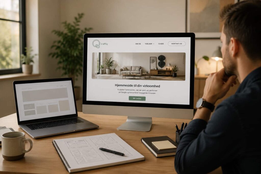 Person arbejder med hjemmesideudvikling og webdesign i moderne kontormiljø med fokus på professionel virksomhedswebsite, UX og digital tilstedeværelse.