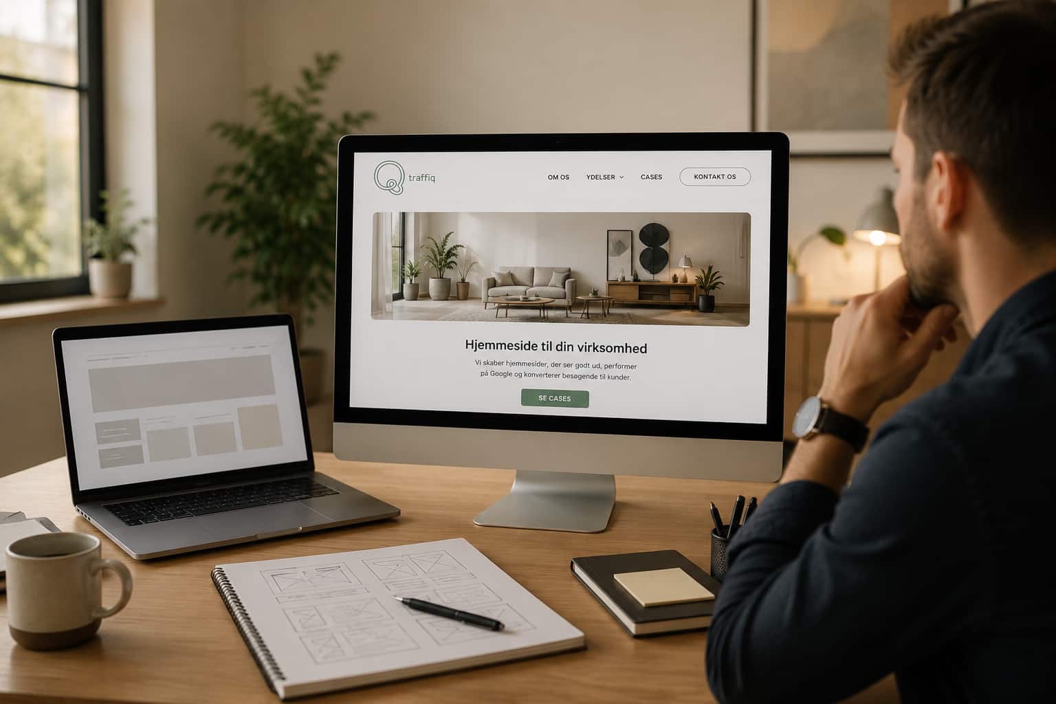 Person arbejder med hjemmesideudvikling og webdesign i moderne kontormiljø med fokus på professionel virksomhedswebsite, UX og digital tilstedeværelse.
