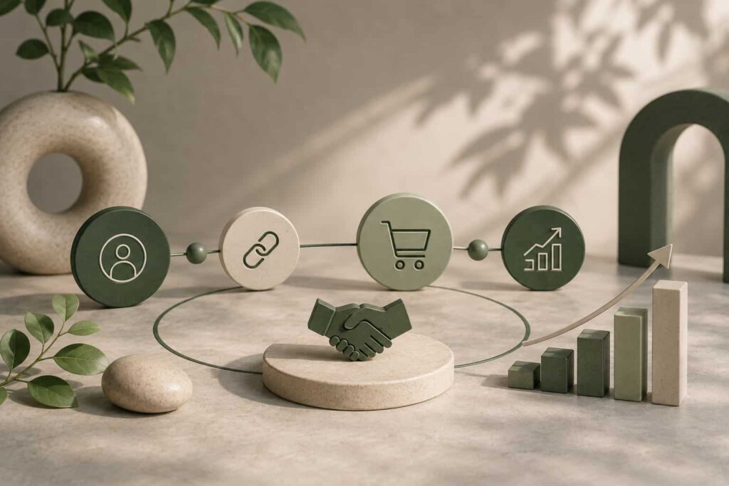 Minimalistisk skrivebord med notesbog, strategiske ikoner, træelementer og grønne detaljer, der symboliserer affiliate marketing og digital vækst i Traffiqs visuelle stil
