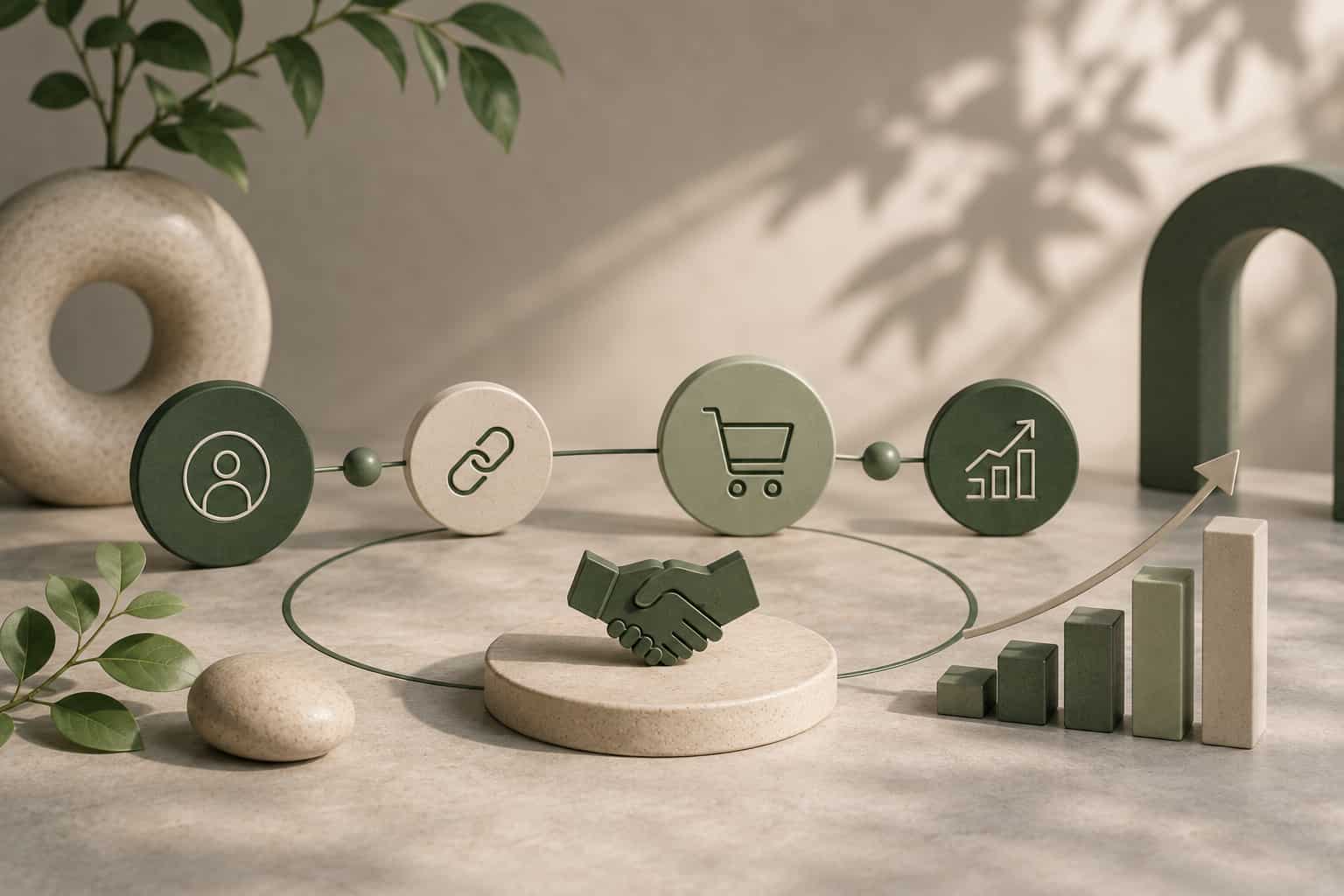 Minimalistisk skrivebord med notesbog, strategiske ikoner, træelementer og grønne detaljer, der symboliserer affiliate marketing og digital vækst i Traffiqs visuelle stil