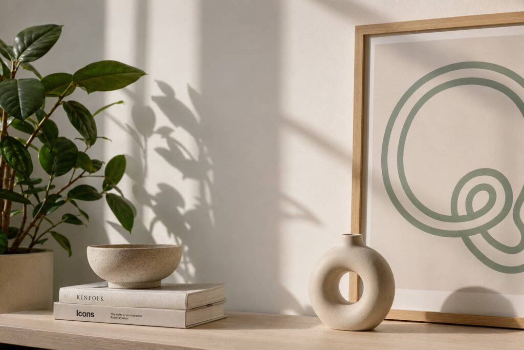 Minimalistisk hero-billede med nordiske farver, grøn plante og Traffiq-inspireret design, der symboliserer digital marketing, synlighed og vækst.