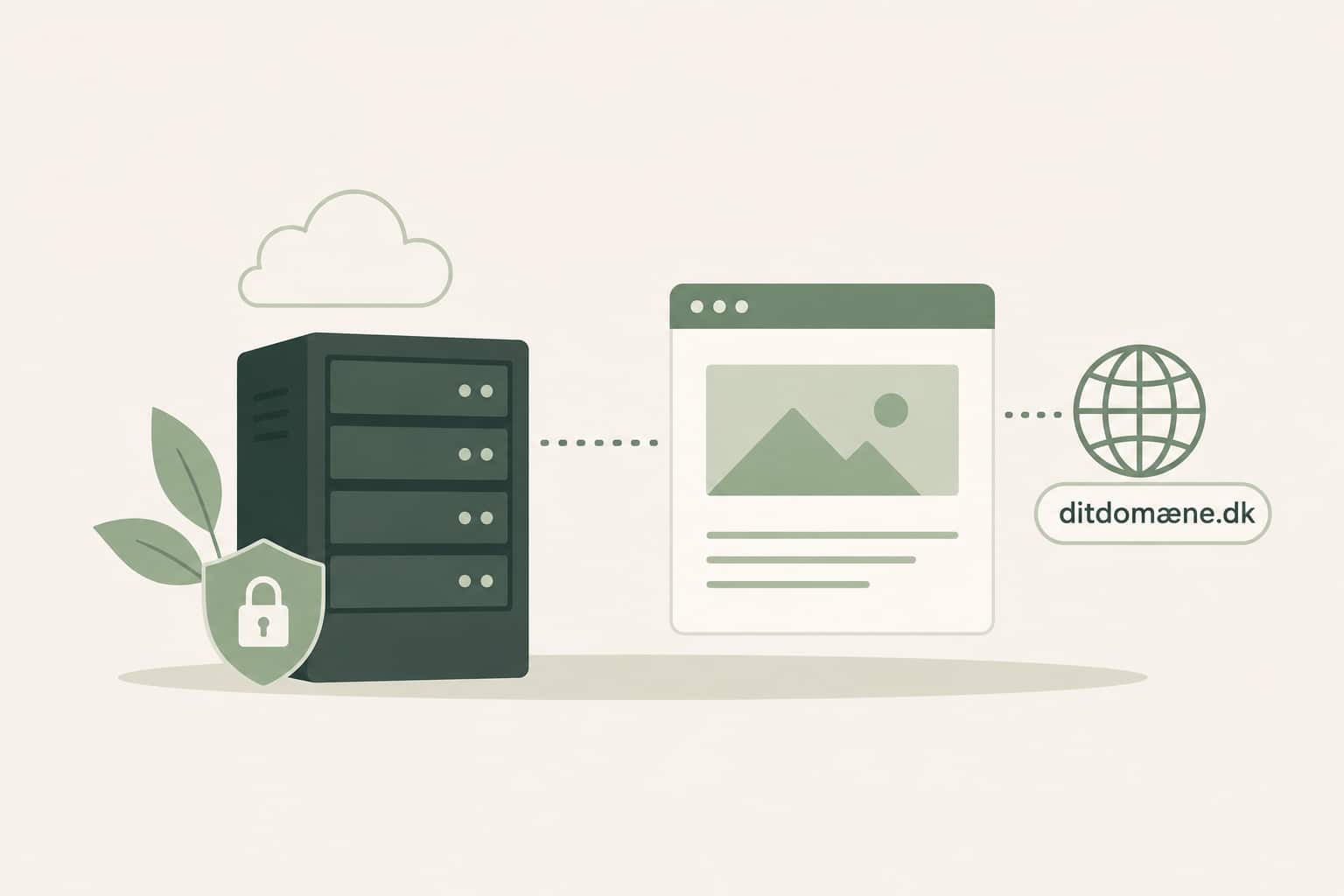 Illustration af web hosting med server, cloud-løsning og internetforbindelse, der symboliserer hurtig, sikker og stabil hosting til hjemmesider og virksomheder.