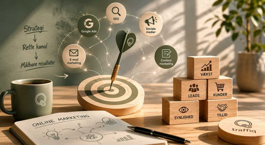 Herobillede med kreativ visualisering af online marketing hos Traffiq med strategi, SEO, Google Ads, Meta Ads, content marketing og vækst illustreret gennem minimalistiske elementer i grønne nuancer.