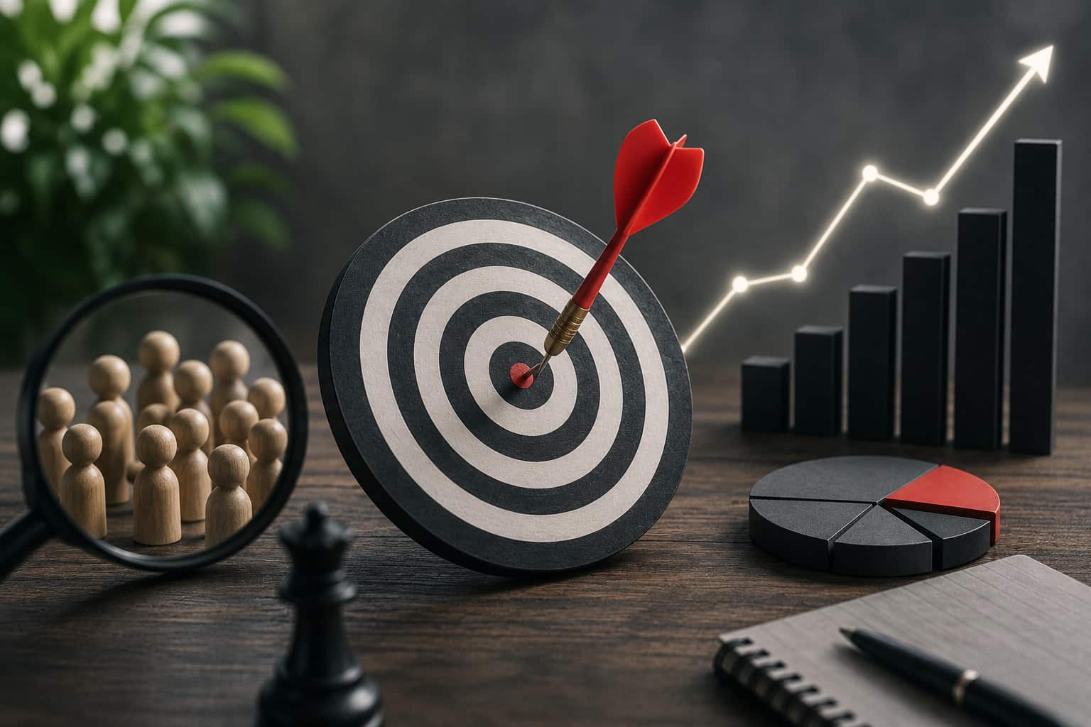 Illustration af performance marketing med målgruppe, vækst, dataanalyse og fokus på målbare resultater.