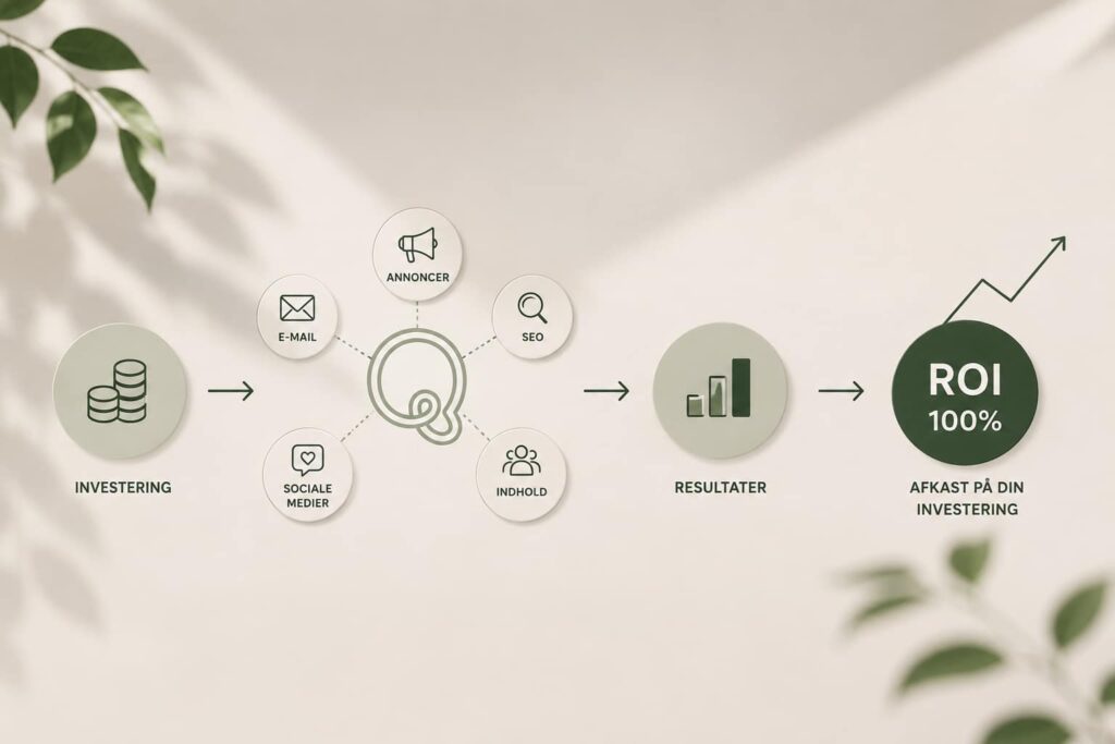 Minimalistisk illustration af ROI og digital marketing med strategiske ikoner, vækstgraf og visuelle elementer i Traffiqs grønne farver