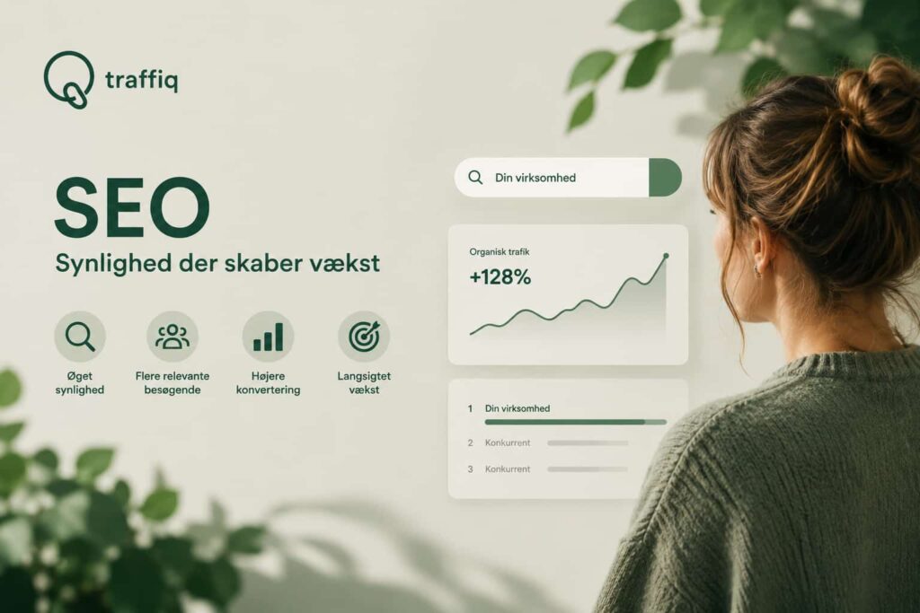 Person pakker produkter til webshop, mens SEO-ikoner og grønne vækstkurver illustrerer øget synlighed og organisk vækst for virksomheder online.