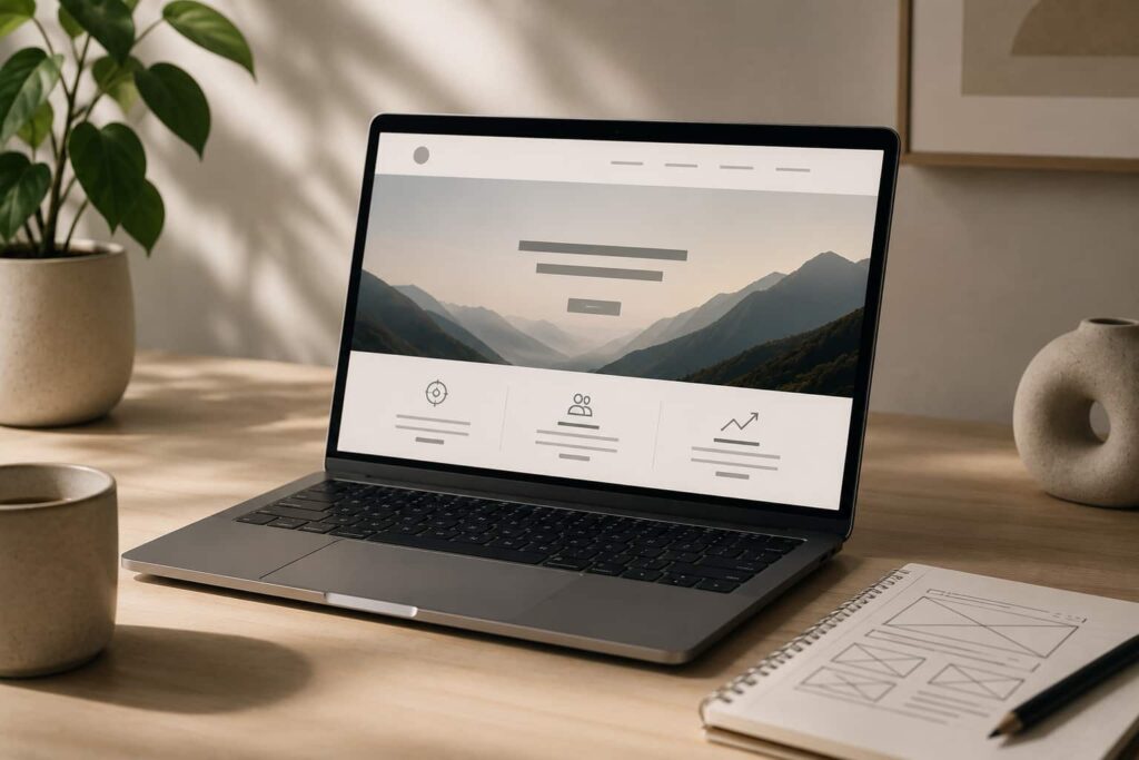 Minimalistisk workspace med laptop, skitser og rolige omgivelser, der symboliserer moderne digital strategi og kreativ udvikling.