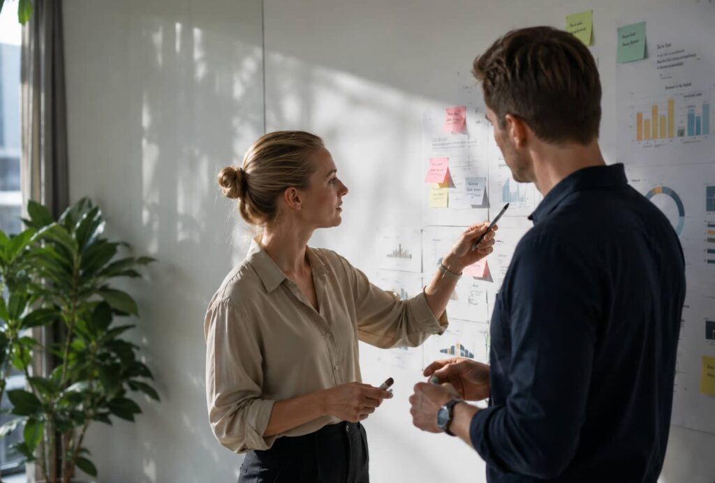 Strategimøde om digital performance og marketingplanlægning i moderne virksomhedsmiljø