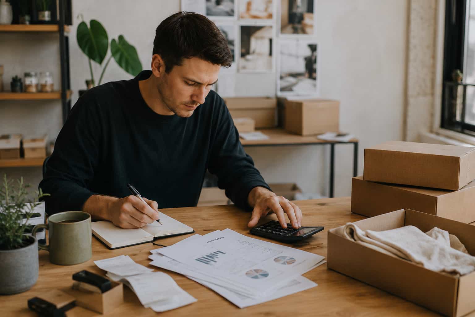 Mandlig webshop-ejer beregner annoncebudget og ordreomkostninger i et minimalistisk e-commerce miljø med fokus på Instagram annoncering og online salg.