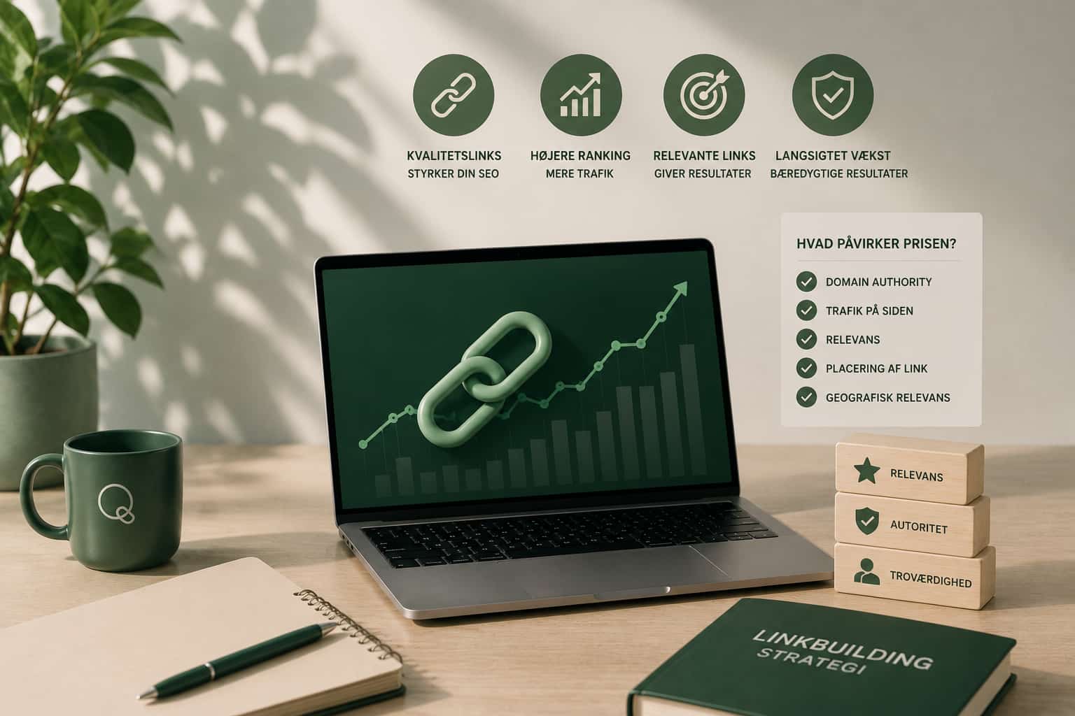 Illustration af moderne linkbuilding og SEO-strategi i Traffiq-stil med grønne nuancer, organiske former og visuelle elementer, der symboliserer autoritet, relevante links og langsigtet organisk vækst.