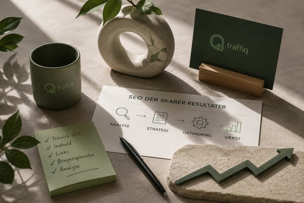 Minimalistisk SEO-illustration i grøn Traffiq-stil med fokus på analyse, strategi og organisk vækst uden brug af computere eller skriveborde.