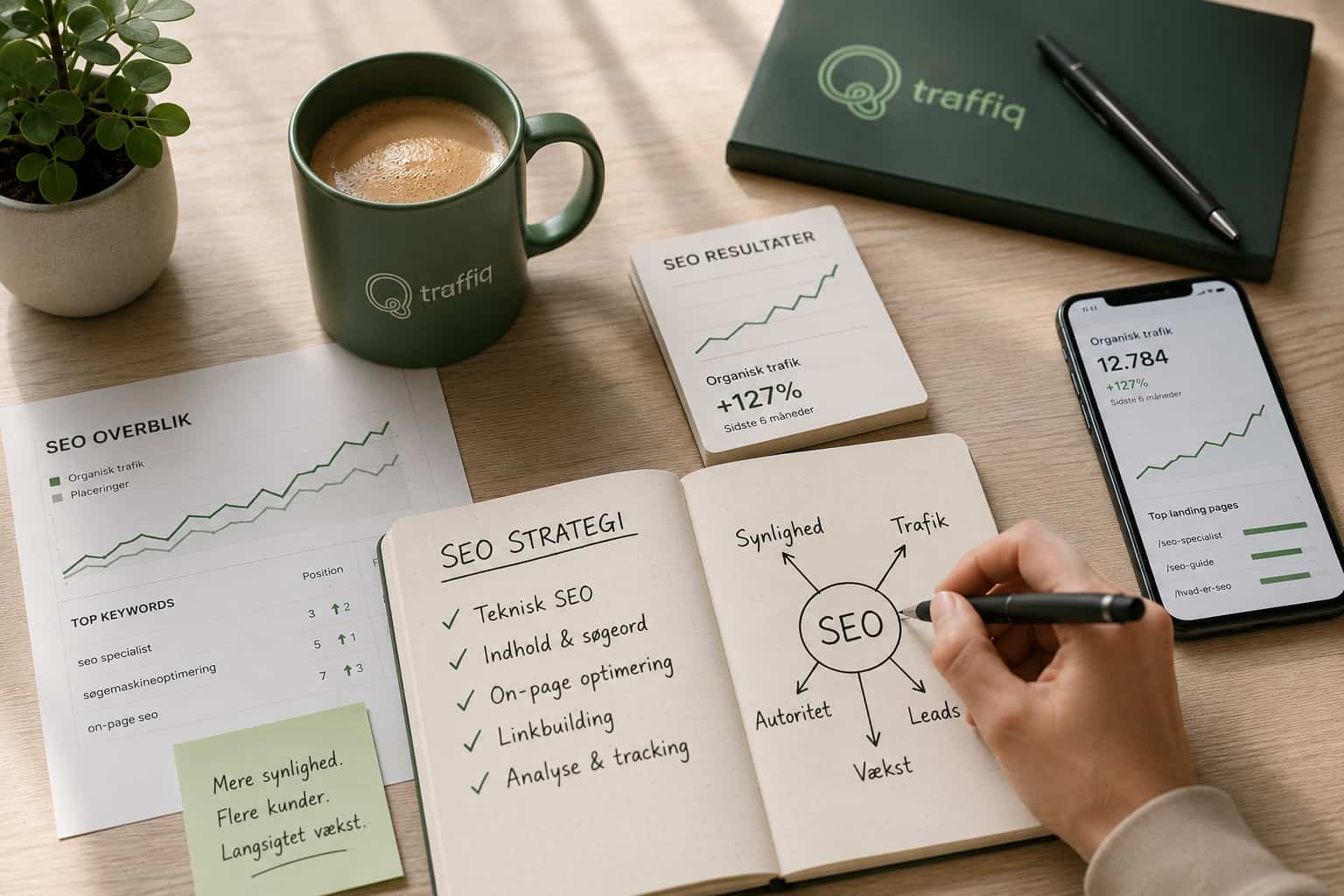 SEO-strategi og analysearbejde på lyst skrivebord med noter, vækstgrafer og mobilvisning af organisk trafik i Traffiq-inspireret grøn branding.