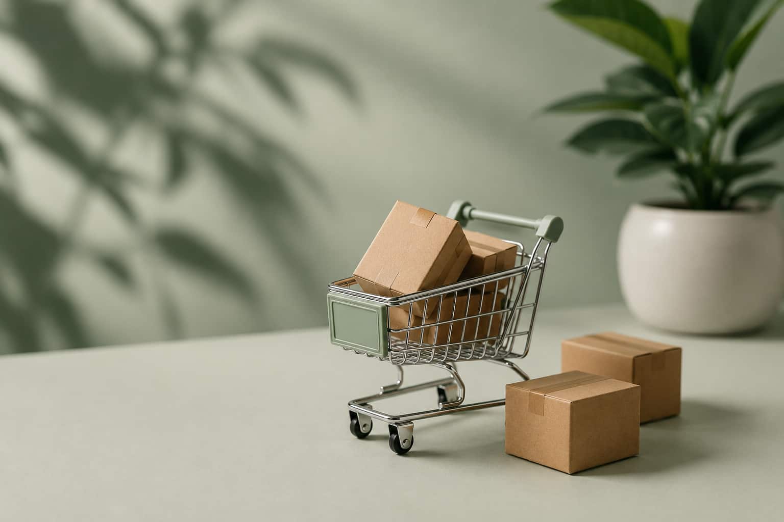Mini indkøbsvogn med pakker symboliserer webshop, e-commerce og online salg i moderne minimalistisk miljø.