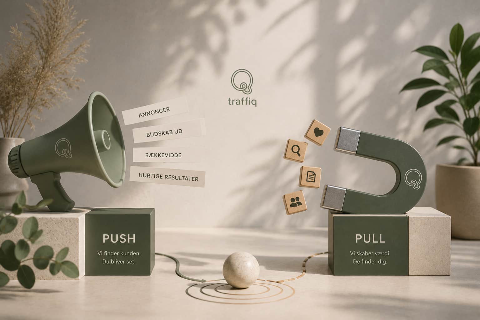 Kreativt hero-billede der visualiserer push vs. pull marketing med megafon, magnet og minimalistiske brandingelementer i Traffiqs grønne farver og nordiske stil.