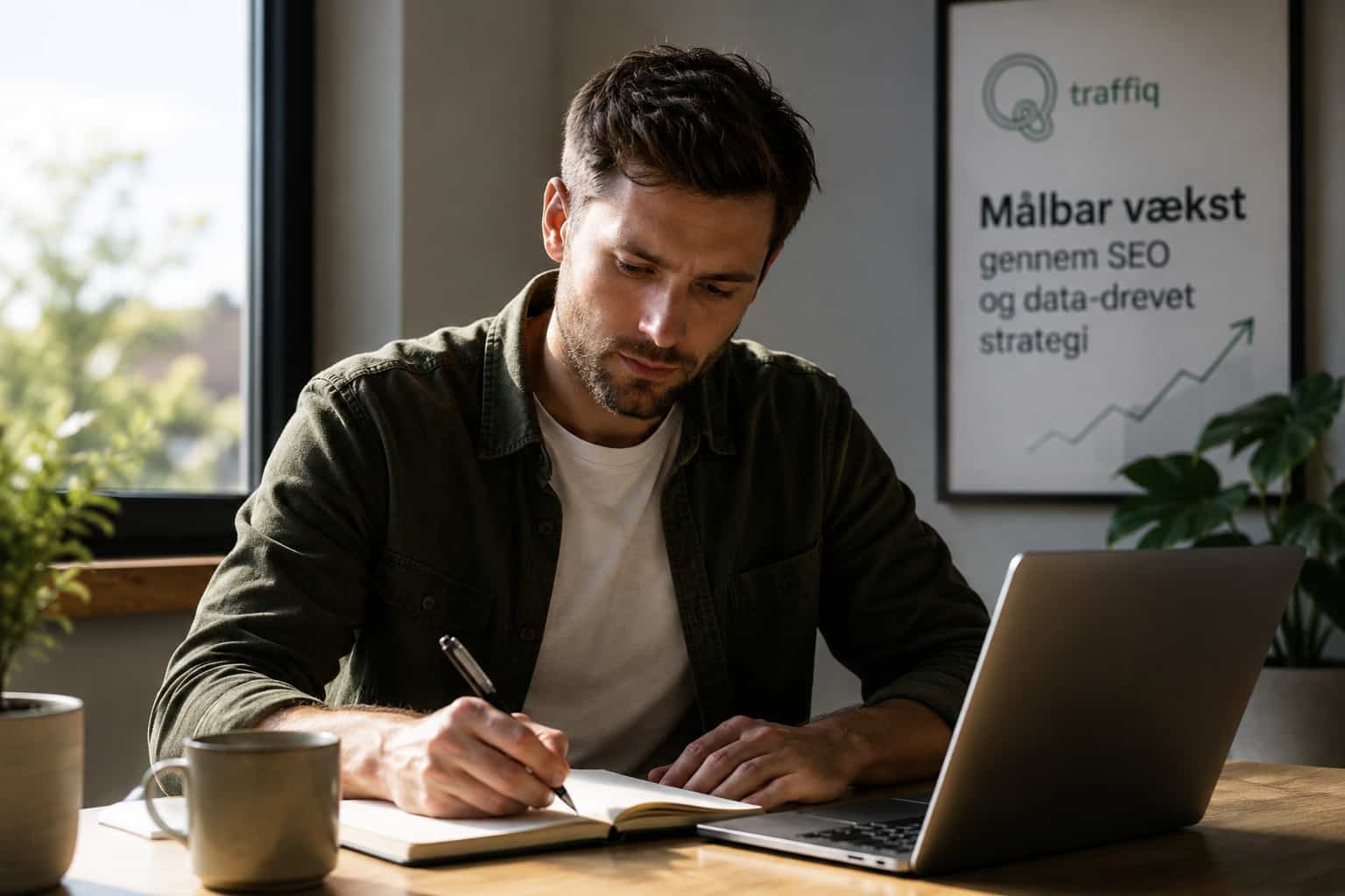 Mand arbejder fokuseret med SEO på laptop i et minimalistisk workspace