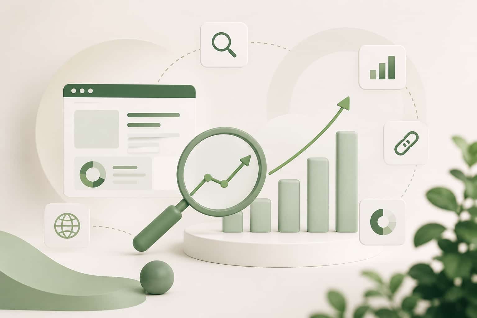 Minimalistisk illustration med grønne SEO- og analyseelementer, herunder søgeikon, stigende grafer, dashboard-komponenter og link-symboler, der visualiserer organisk vækst og synlighed på Google i et moderne Traffiq-univers.
