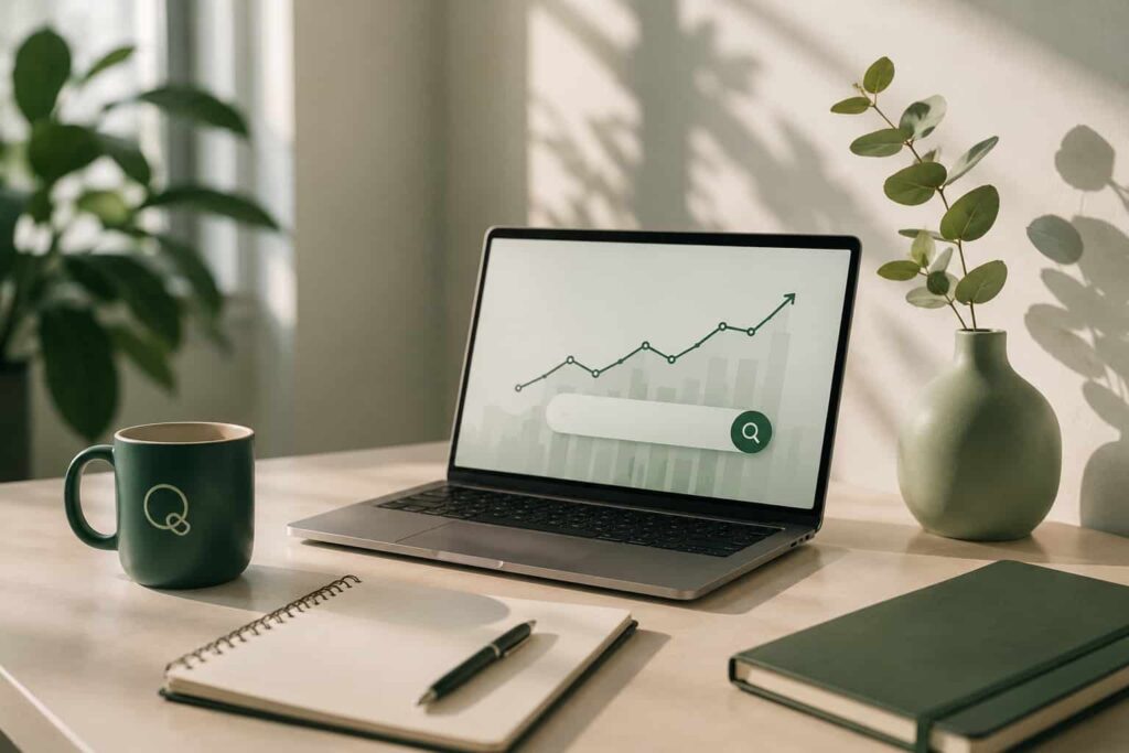 Herobillede til SEO-tekst om organisk synlighed med minimalistisk workspace i Traffiqs grønne visuelle stil.