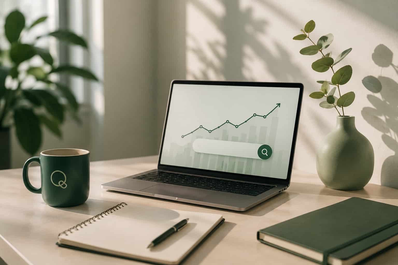 Herobillede til SEO-tekst om organisk synlighed med minimalistisk workspace i Traffiqs grønne visuelle stil.