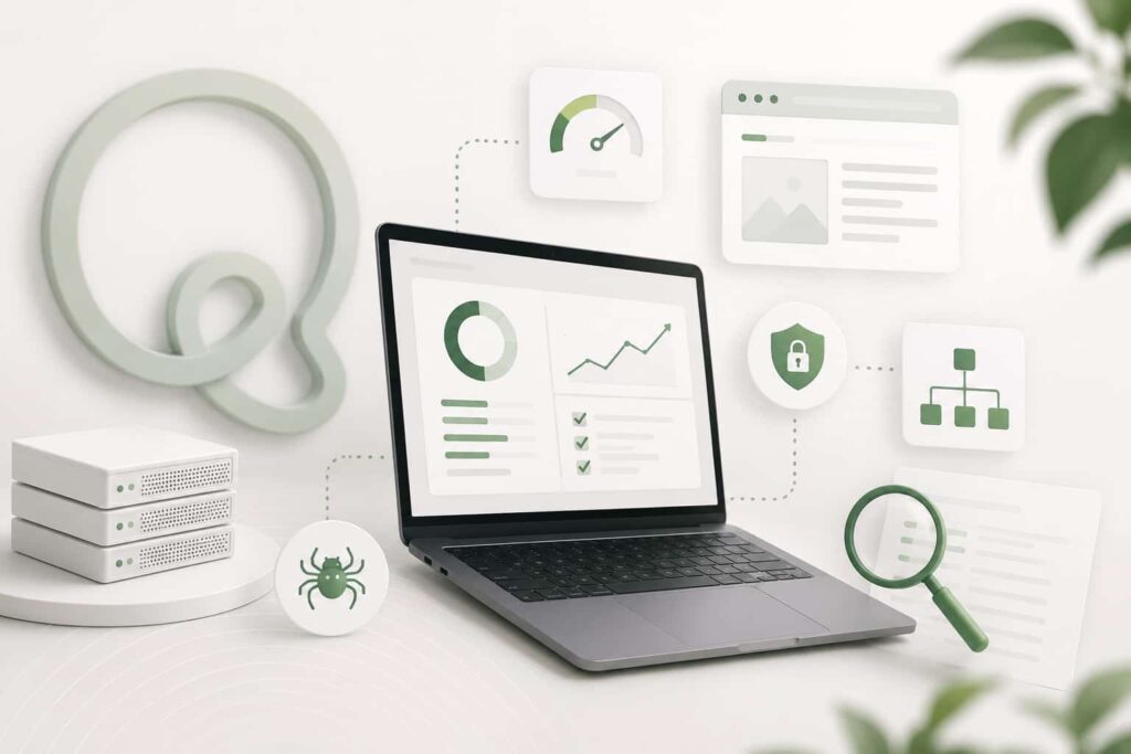 Minimalistisk hero-billede med fokus på teknisk SEO og website performance i grønne Traffiq-farver. Illustration af analyseværktøjer, sikkerhed, hastighed og struktur, der symboliserer et stærkt teknisk fundament for synlighed på Google.