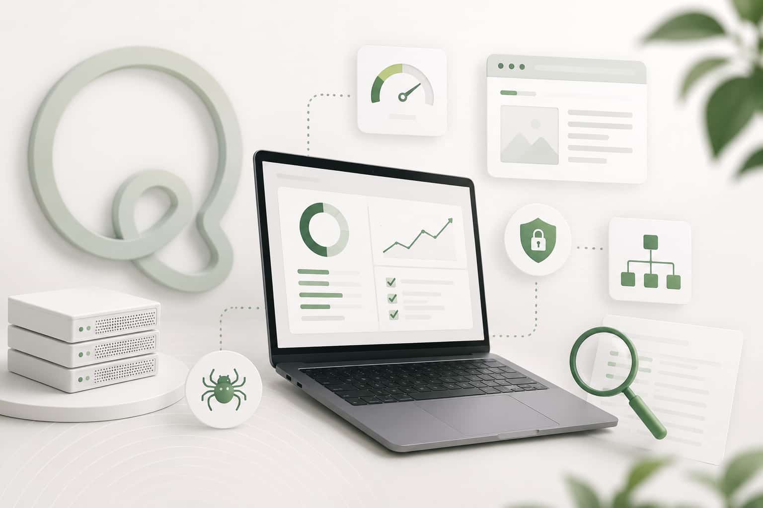 Minimalistisk hero-billede med fokus på teknisk SEO og website performance i grønne Traffiq-farver. Illustration af analyseværktøjer, sikkerhed, hastighed og struktur, der symboliserer et stærkt teknisk fundament for synlighed på Google.
