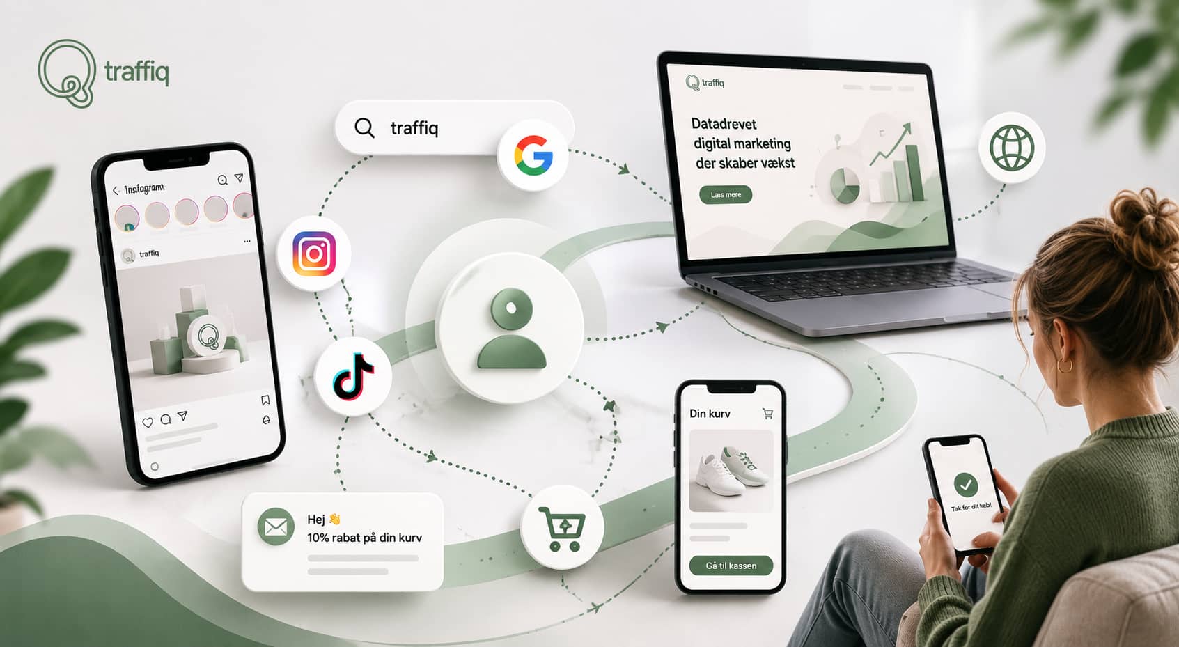 Illustration af omnichannel marketing, hvor en kunde interagerer med sociale medier, søgning, e-mail og webshop på tværs af flere enheder.
